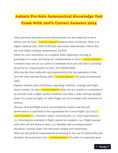 2024 Auburn Others Pre-Solo Aeronautical Knowledge Test Exam With Answers (52 Solved Questions) - Page 1 preview image