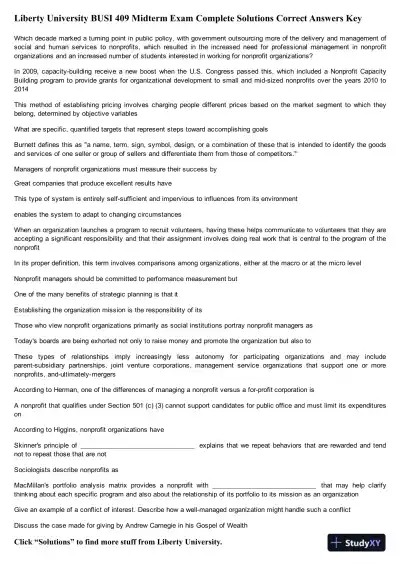 Liberty University BUSI 409 Midterm Exam Complete Solutions Correct Answers Key - Page 1 preview image