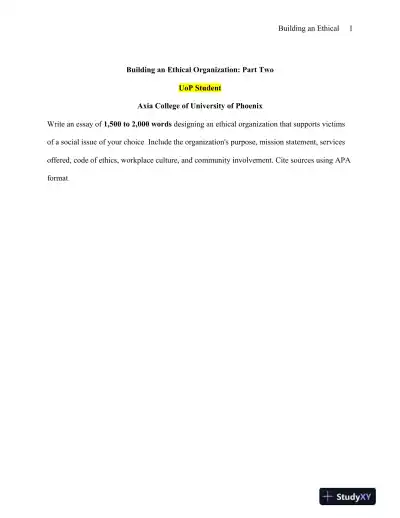 Building an Ethical Organization: Part Two - Axia College of University of Phoenix - Page 1 preview image