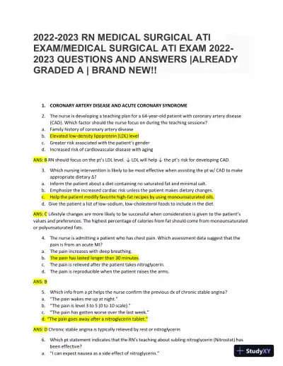 2022-2023 ATI RN Medical Surgical Exam with Answers (269 Solved Questions) - Page 1 preview image