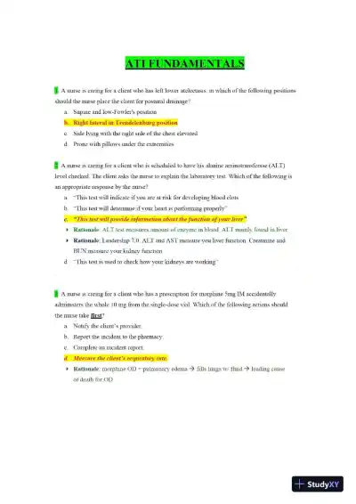 ATI Fundamentals of Nursing Practice Exam With Answers (465 Solved Questions) - Page 1 preview image