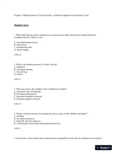 Neonatal and Pediatric Respiratory Care: A Patient Case Method, 1st Edition Test Bank - Page 1 preview image