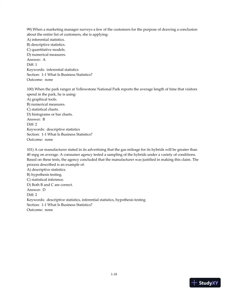 Test Bank for Business Statistics: A Decision-Making Approach, 10th Edition, page 20