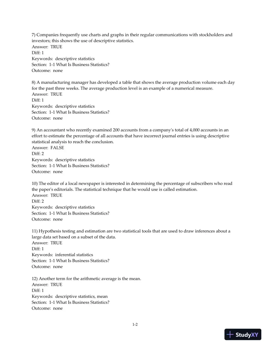 Test Bank for Business Statistics: A Decision-Making Approach, 10th Edition, page 4
