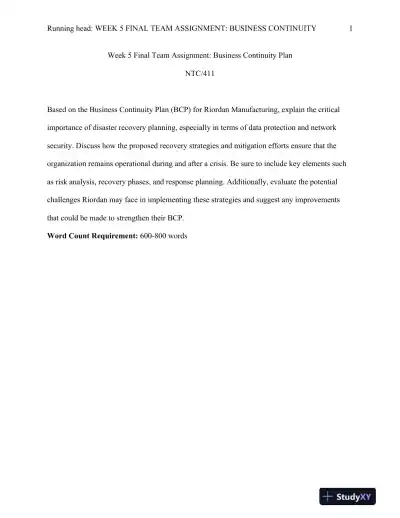 NTC/411 Week 5 Final Team Assignment: Business Continuity Plan - Page 1 preview image