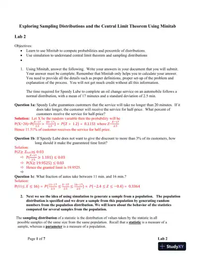 Exploring Sampling Distributions and the Central Limit Theorem Using Minitab Lab 2 - Page 1 preview image