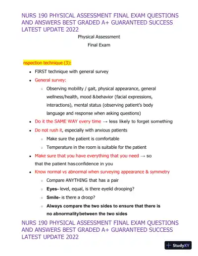 2022 NURS190 Physical Assessment Final Exam (32 Solved Assessments) - Page 1 preview image