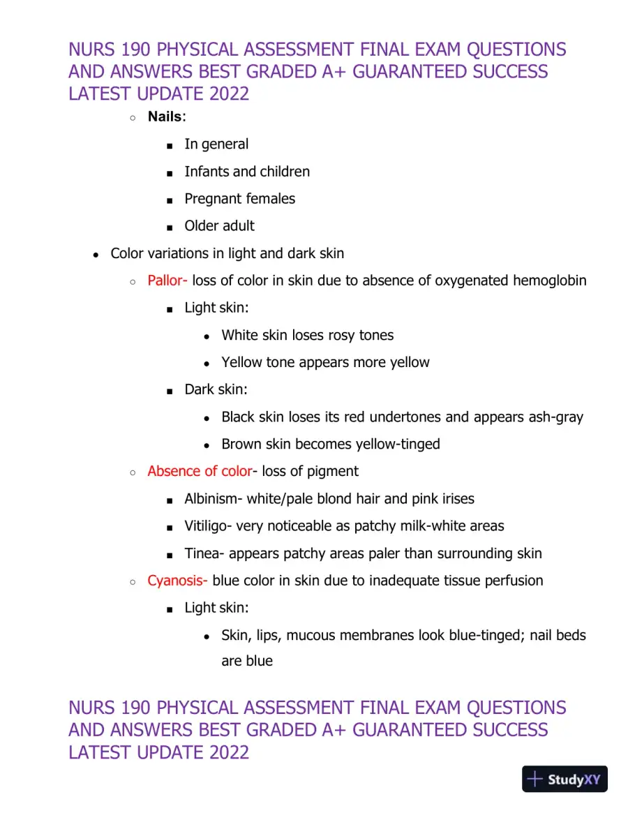 2022 NURS190 Physical Assessment Final Exam (32 Solved Assessments), page 10