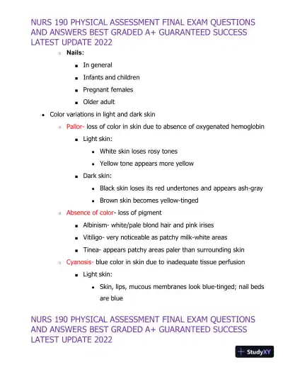 2022 NURS190 Physical Assessment Final Exam (32 Solved Assessments) - Page 10 preview image