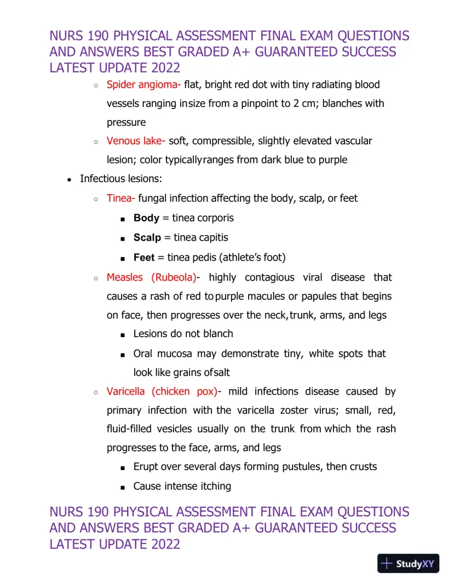 2022 NURS190 Physical Assessment Final Exam (32 Solved Assessments), page 16