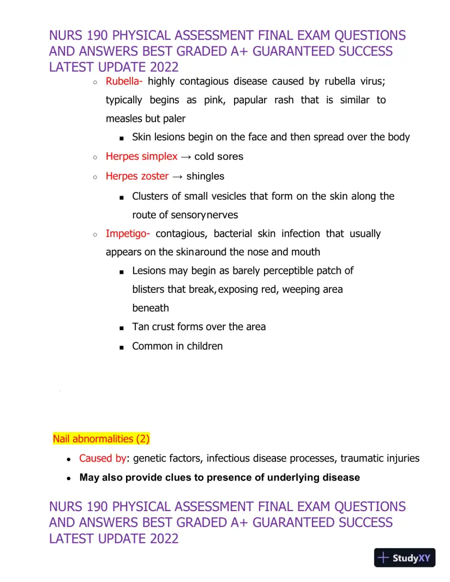2022 NURS190 Physical Assessment Final Exam (32 Solved Assessments), page 17