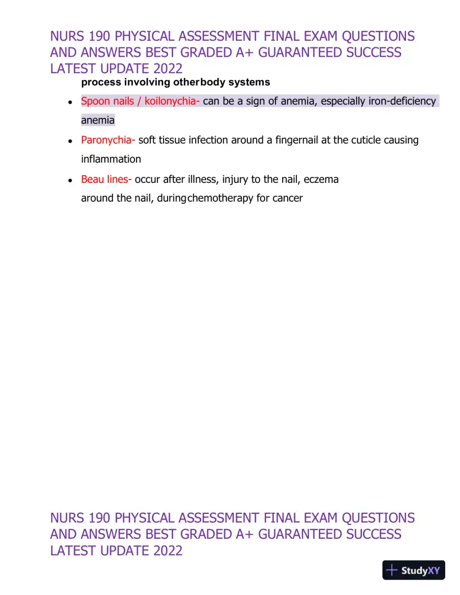 2022 NURS190 Physical Assessment Final Exam (32 Solved Assessments), page 18