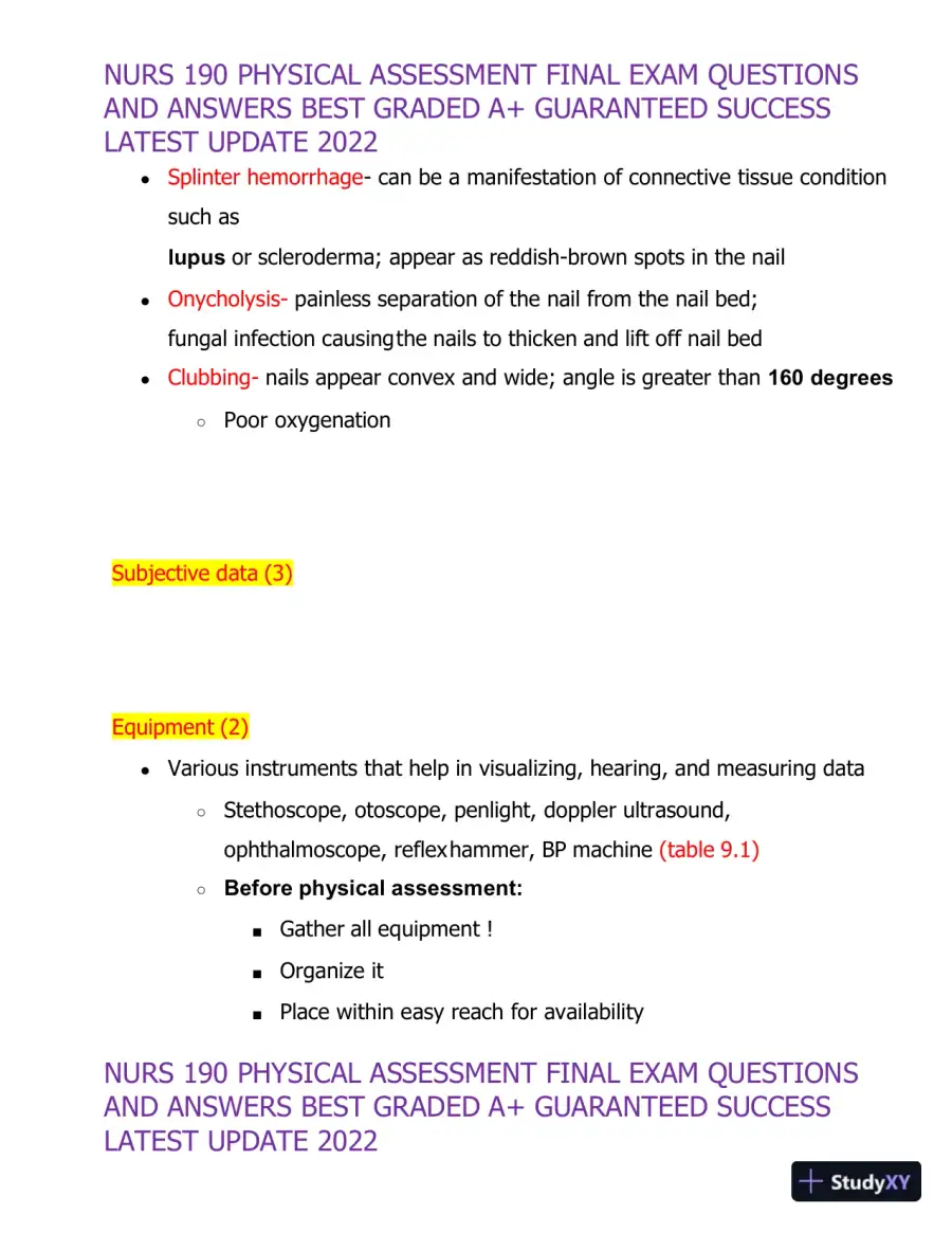 2022 NURS190 Physical Assessment Final Exam (32 Solved Assessments), page 19