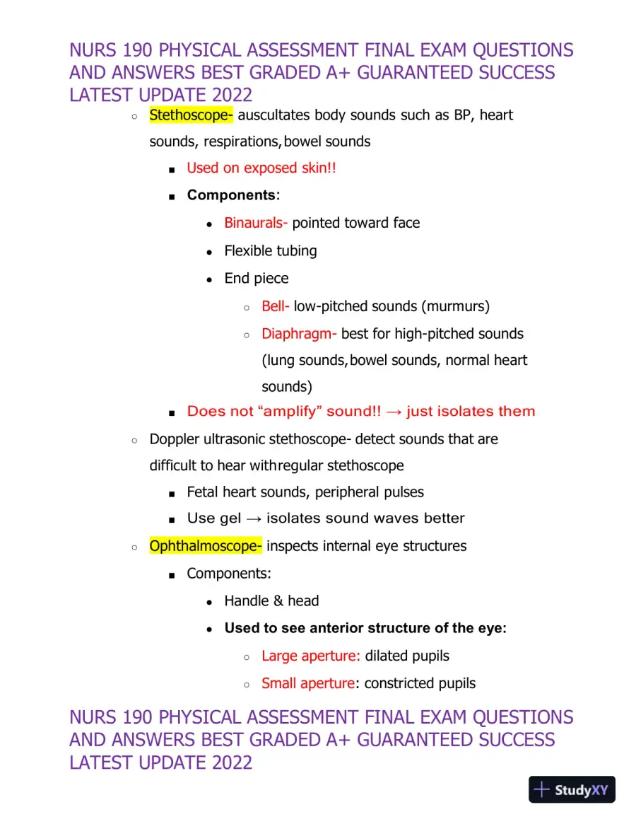 2022 NURS190 Physical Assessment Final Exam (32 Solved Assessments), page 20