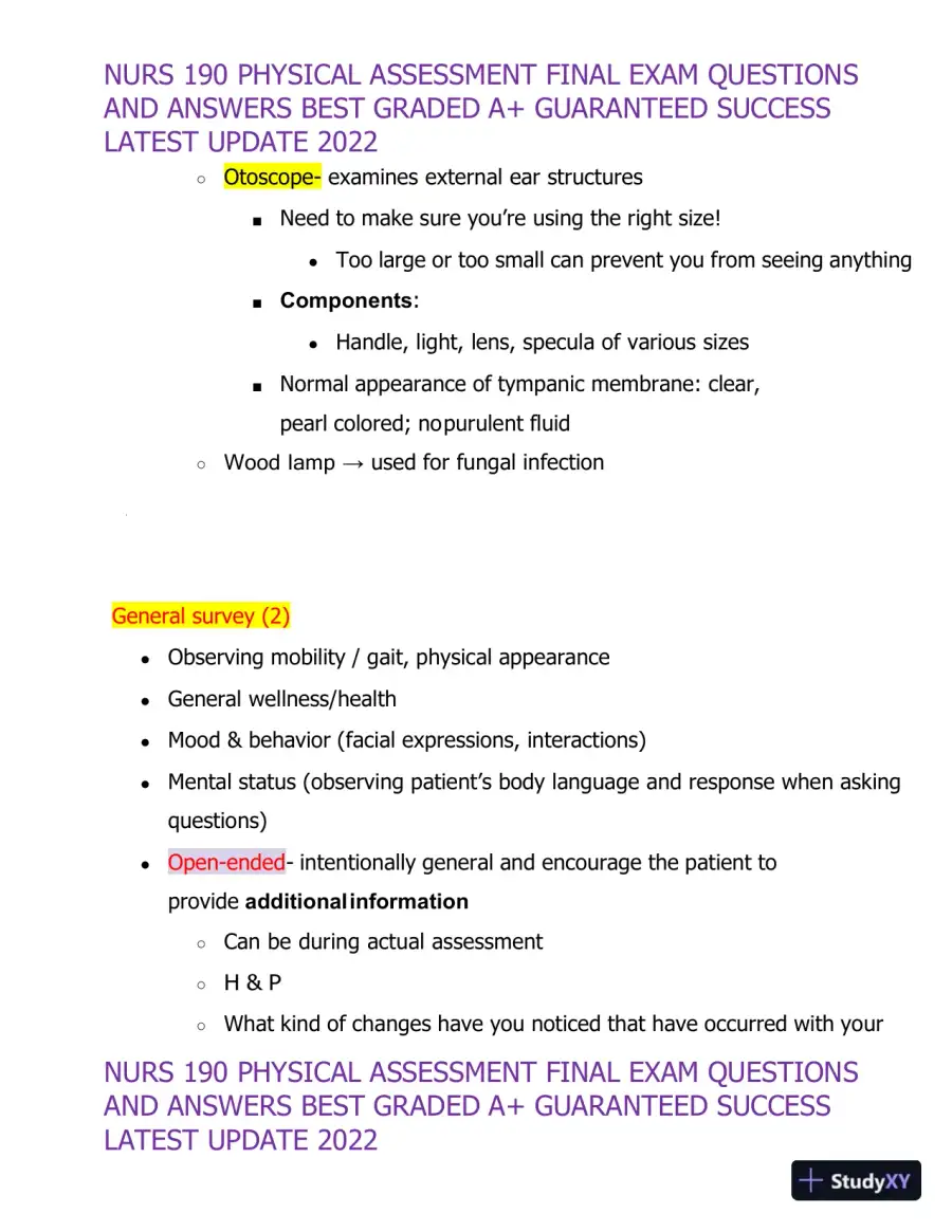 2022 NURS190 Physical Assessment Final Exam (32 Solved Assessments), page 22