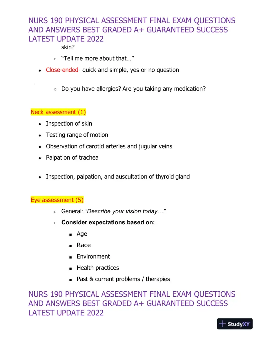 2022 NURS190 Physical Assessment Final Exam (32 Solved Assessments), page 23