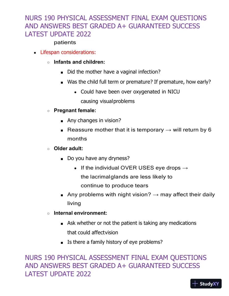 2022 NURS190 Physical Assessment Final Exam (32 Solved Assessments), page 25
