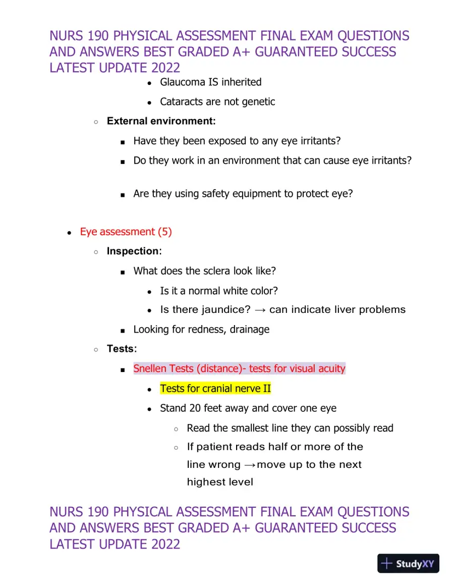 2022 NURS190 Physical Assessment Final Exam (32 Solved Assessments), page 26