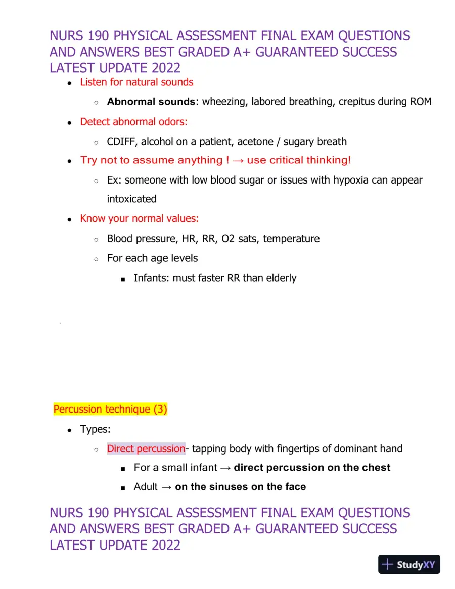 2022 NURS190 Physical Assessment Final Exam (32 Solved Assessments), page 3