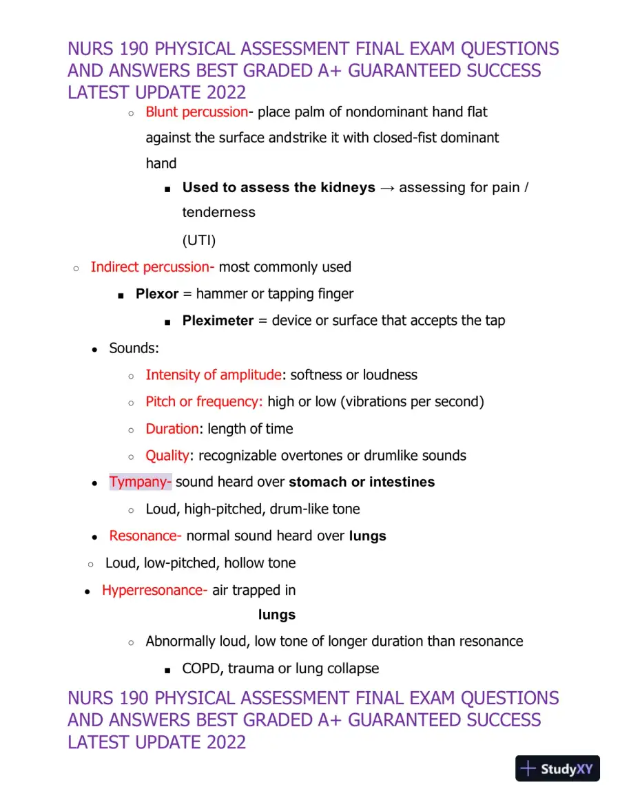 2022 NURS190 Physical Assessment Final Exam (32 Solved Assessments), page 4