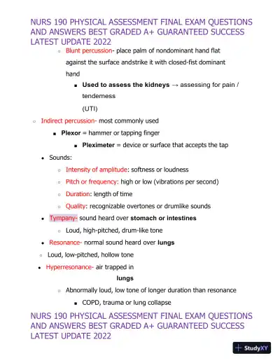 2022 NURS190 Physical Assessment Final Exam (32 Solved Assessments) - Page 4 preview image