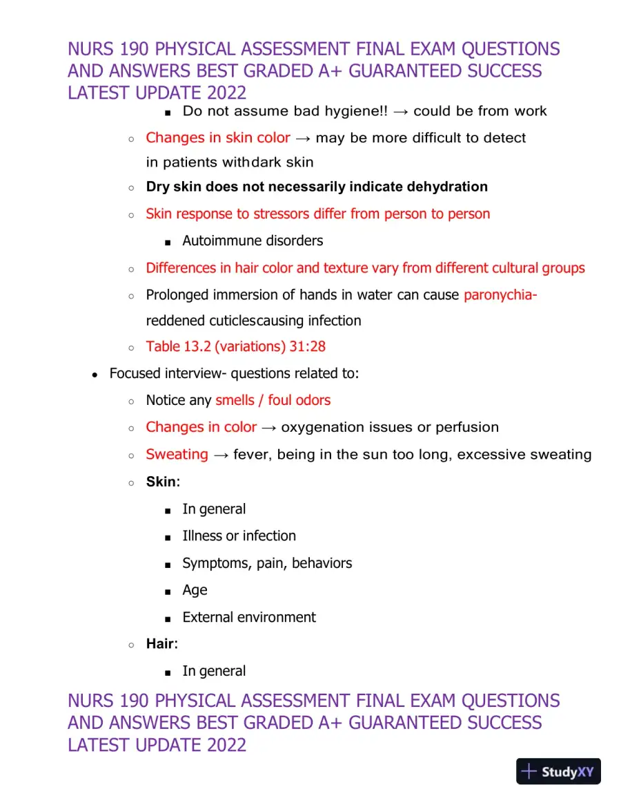 2022 NURS190 Physical Assessment Final Exam (32 Solved Assessments), page 8