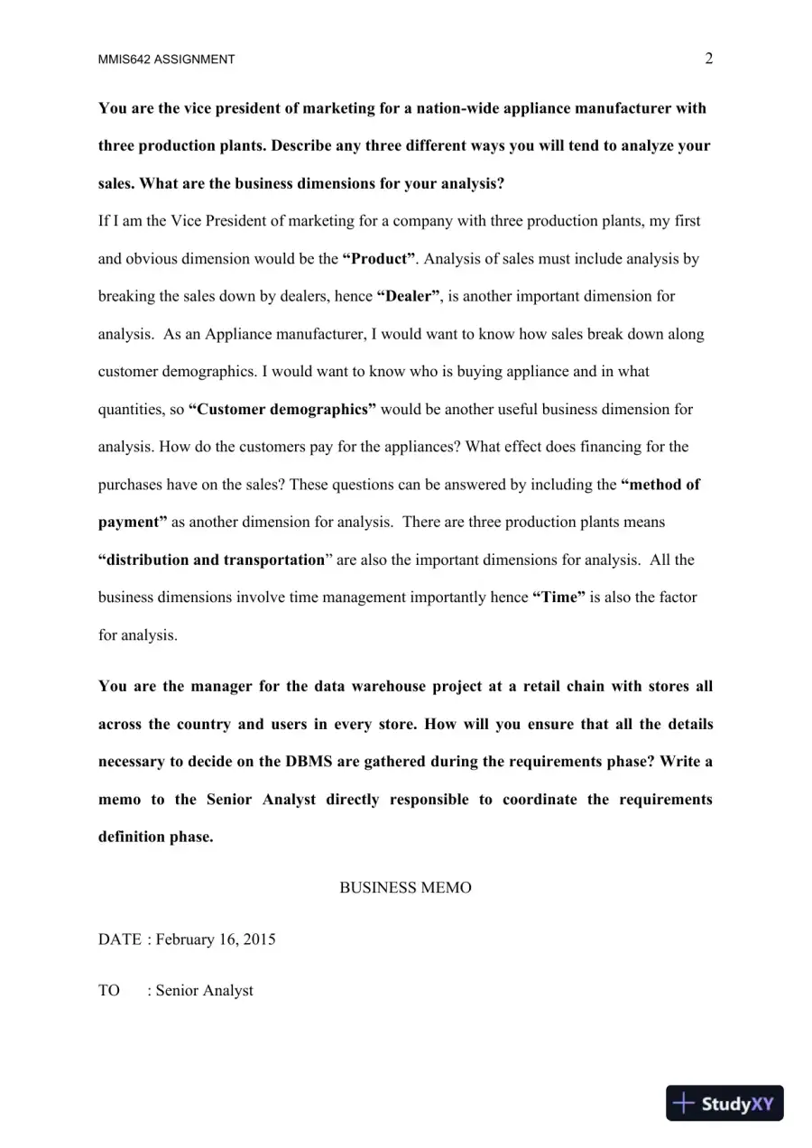 MMIS642 Assignment: Data Warehouse and Sales Analysis Strategies for Enterprise Decision-Making, page 3