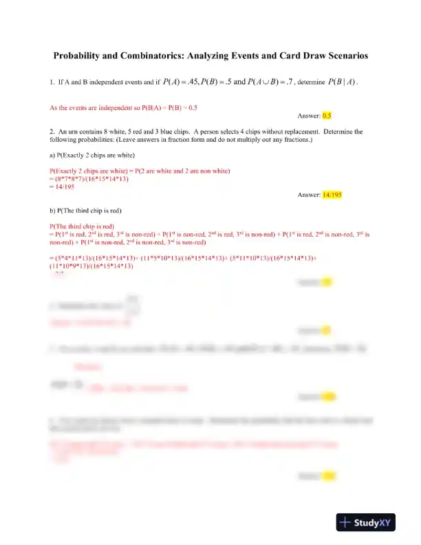 Probability and Combinatorics: Analyzing Events and Card Draw Scenarios - Page 1 preview image