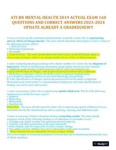 2023-2024 ATI RN Mental Health Practice Exam With Answers (61 Solved Questions) - Page 1 preview image
