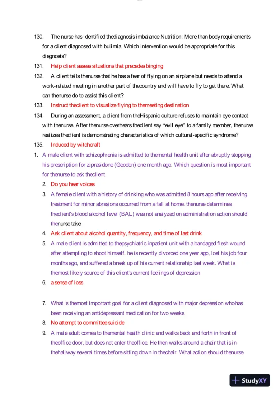 2023 HESI RN Mental Health Test Bank Version 3 With Answers (29 Solved Questions), page 10
