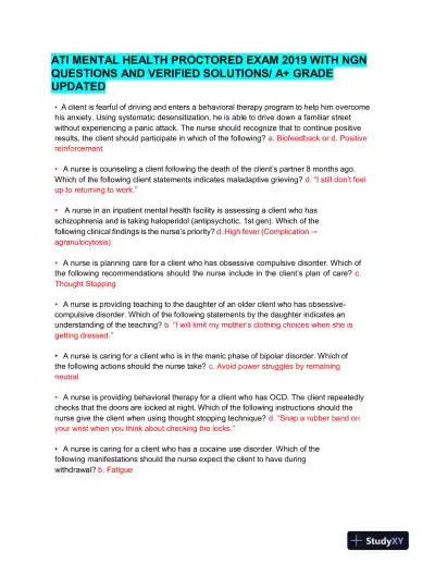 2019 ATI Mental Health Proctored Exam with Answers (210 Solved Questions) - Page 1 preview image