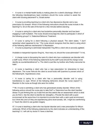 2019 ATI Mental Health Proctored Exam with Answers (210 Solved Questions) - Page 6 preview image