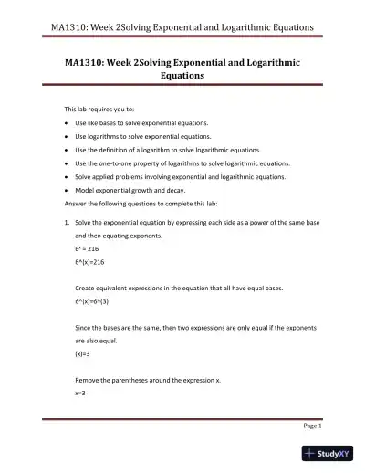 Solving Exponential And Logarithmic Equations MA1310 Week 2 - Page 1 preview image