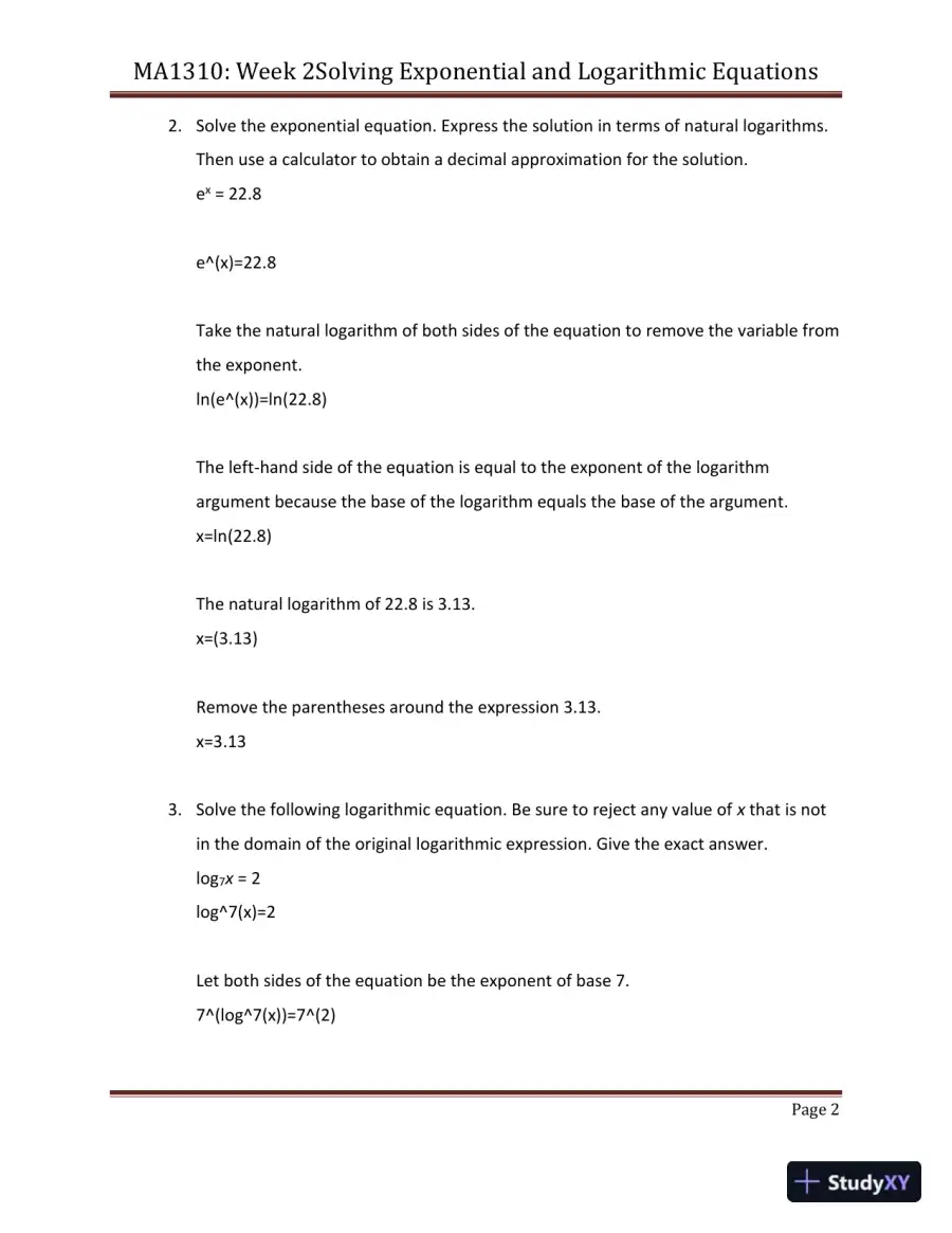 Solving Exponential And Logarithmic Equations MA1310 Week 2, page 3