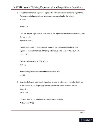 Solving Exponential And Logarithmic Equations MA1310 Week 2 - Page 3 preview image