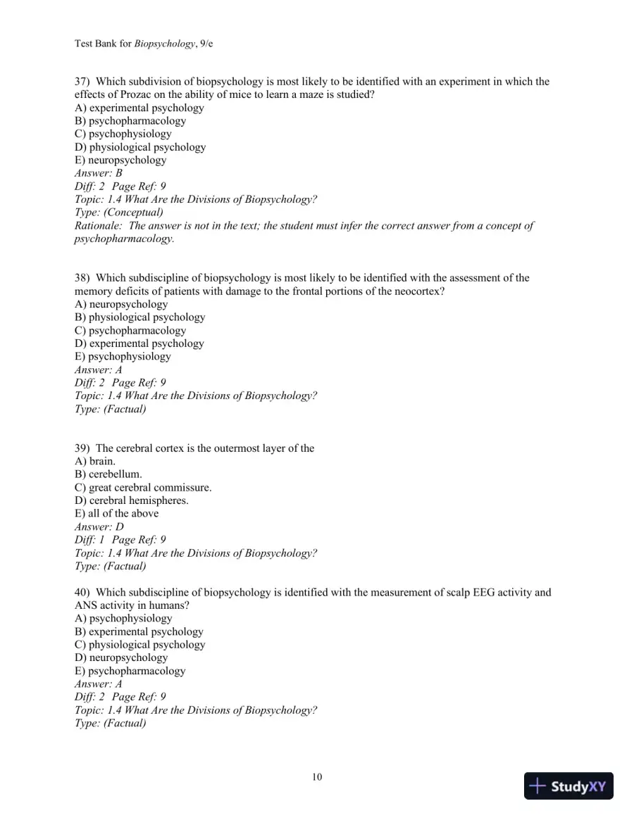 Test Bank For Biopsychology, 9th Edition, page 12