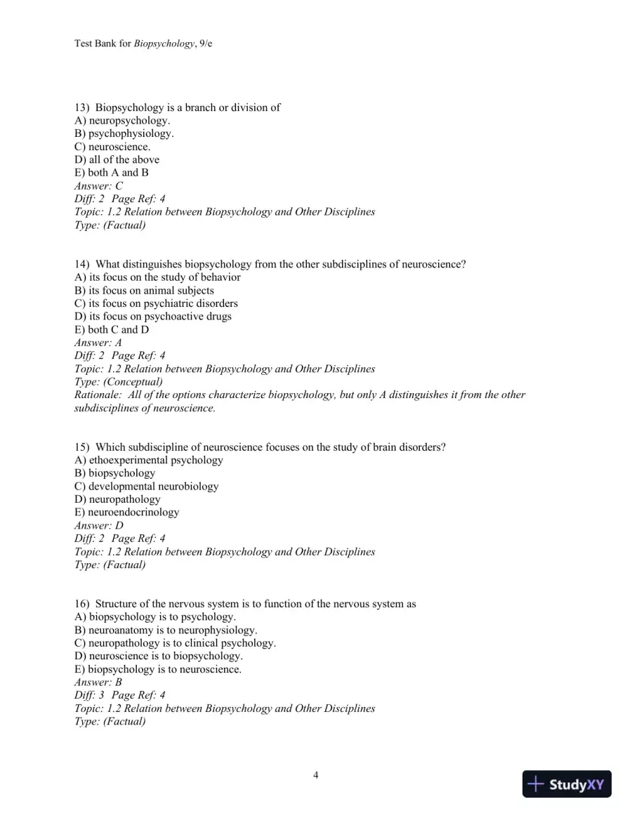 Test Bank For Biopsychology, 9th Edition, page 6