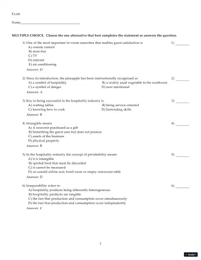 Test Bank for Introduction to Hospitality Management, 5th Edition - Page 1 preview image