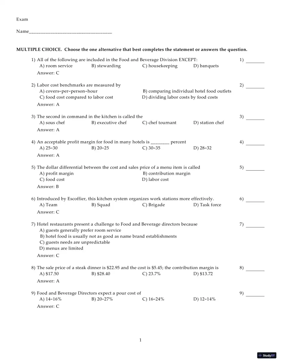 Test Bank for Introduction to Hospitality Management, 5th Edition, page 18