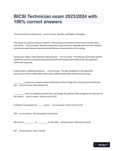 2023-2024 BICSI Others Technician Exam With Answers (182 Solved Questions) - Page 1 preview image
