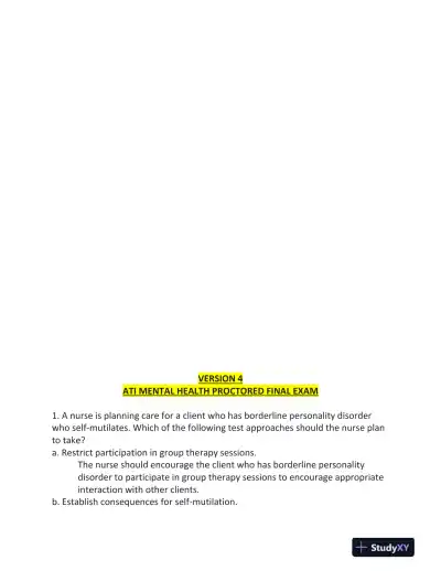 ATI RN Mental Health Proctored Exam NGN Version 4 With Answers (70 Solved Questions) - Page 1 preview image