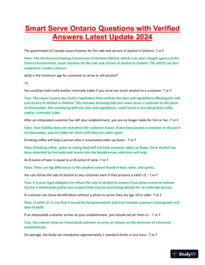 2024 Smart Serve Ontario Practice Exam with Answers (53 Solved Questions) - Page 1 preview image