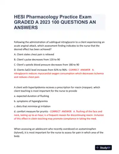 2023 HESI Pharmacology Practice Exam With Answers (65 Solved Questions) - Page 1 preview image