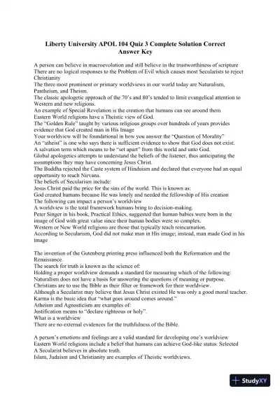 Liberty University APOL 104 Quiz 3 Complete Solution Correct Answer Key - Page 1 preview image
