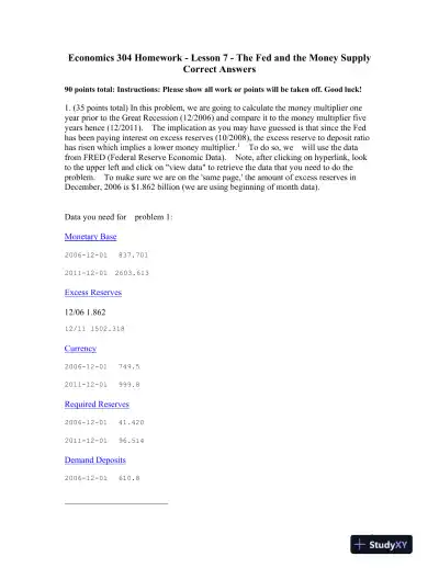 Economics 304 Homework - Lesson 7 - The Fed and the Money Supply Correct Answers - Page 1 preview image