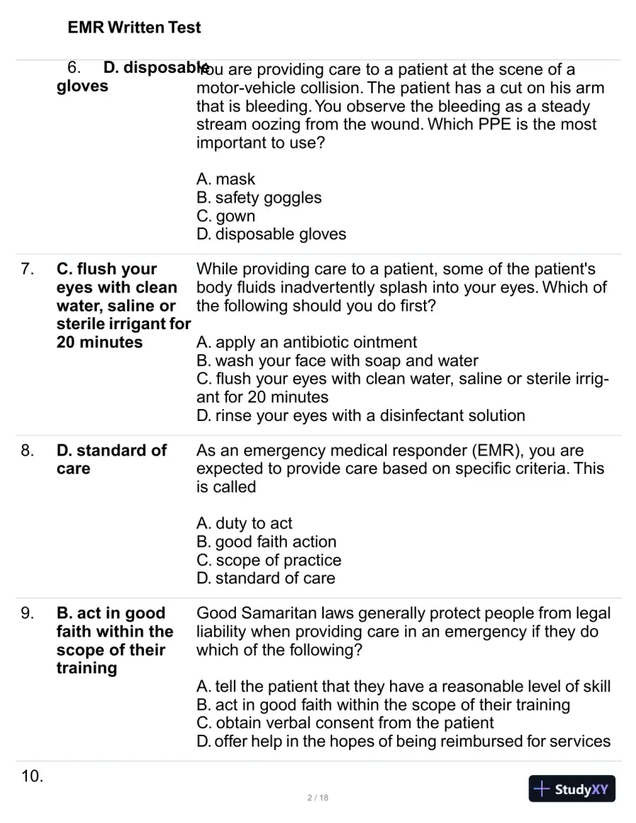 EMR Written Test Practice Exam with Answers (100 Solved Questions), page 3