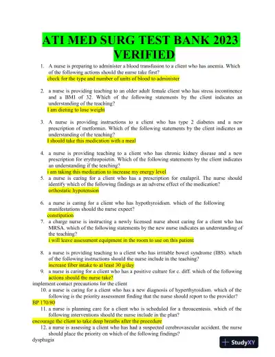 2023 ATI Medical Surgical Practice Exam With Answers (184 Solved Questions) - Page 1 preview image