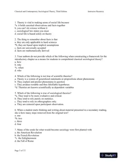 Classical and Contemporary Sociological Theory: Text and Readings Third Edition Test Bank - Page 1 preview image