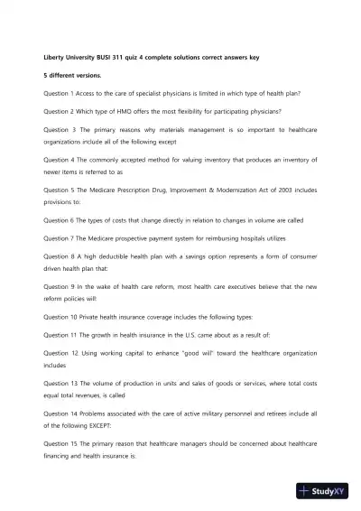 Liberty University BUSI 311 Quiz 4 Complete Solutions Correct Answers Key - Page 1 preview image