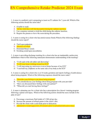 2024 RN Comprehensive Retake Predictor Exam with Answers (180 Solved Questions) - Page 1 preview image
